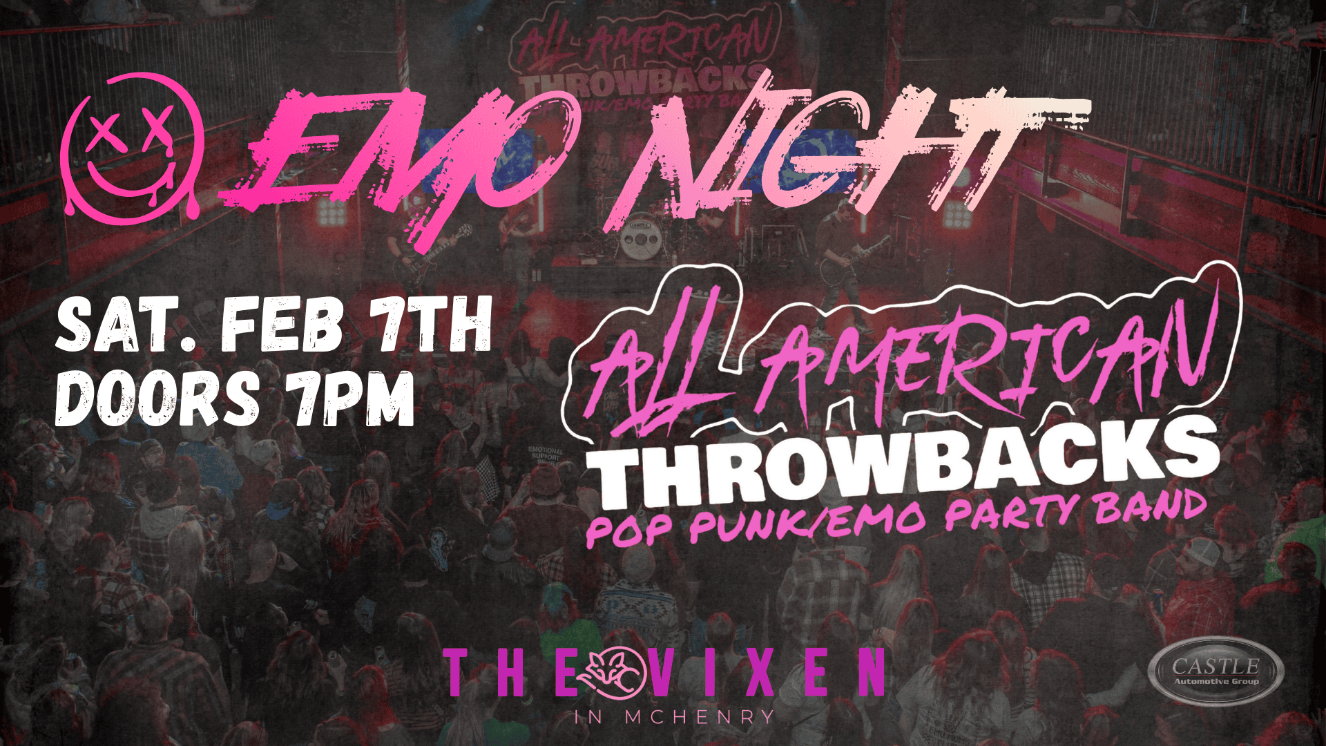 EMO NIGHT WITH ALL AMERICAN THROWBACKS SAT FEB 7TH AT THE VIXEN MCHENRY